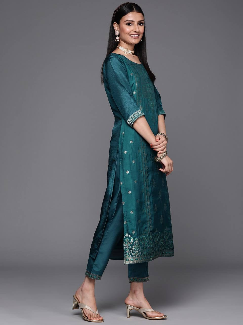 Teal Women Kurti & Pants with Dupatta Set