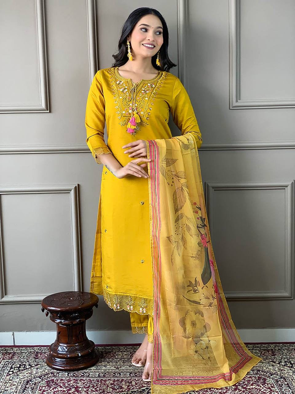 Yellow Chanderi Kurti Set with Dupatta