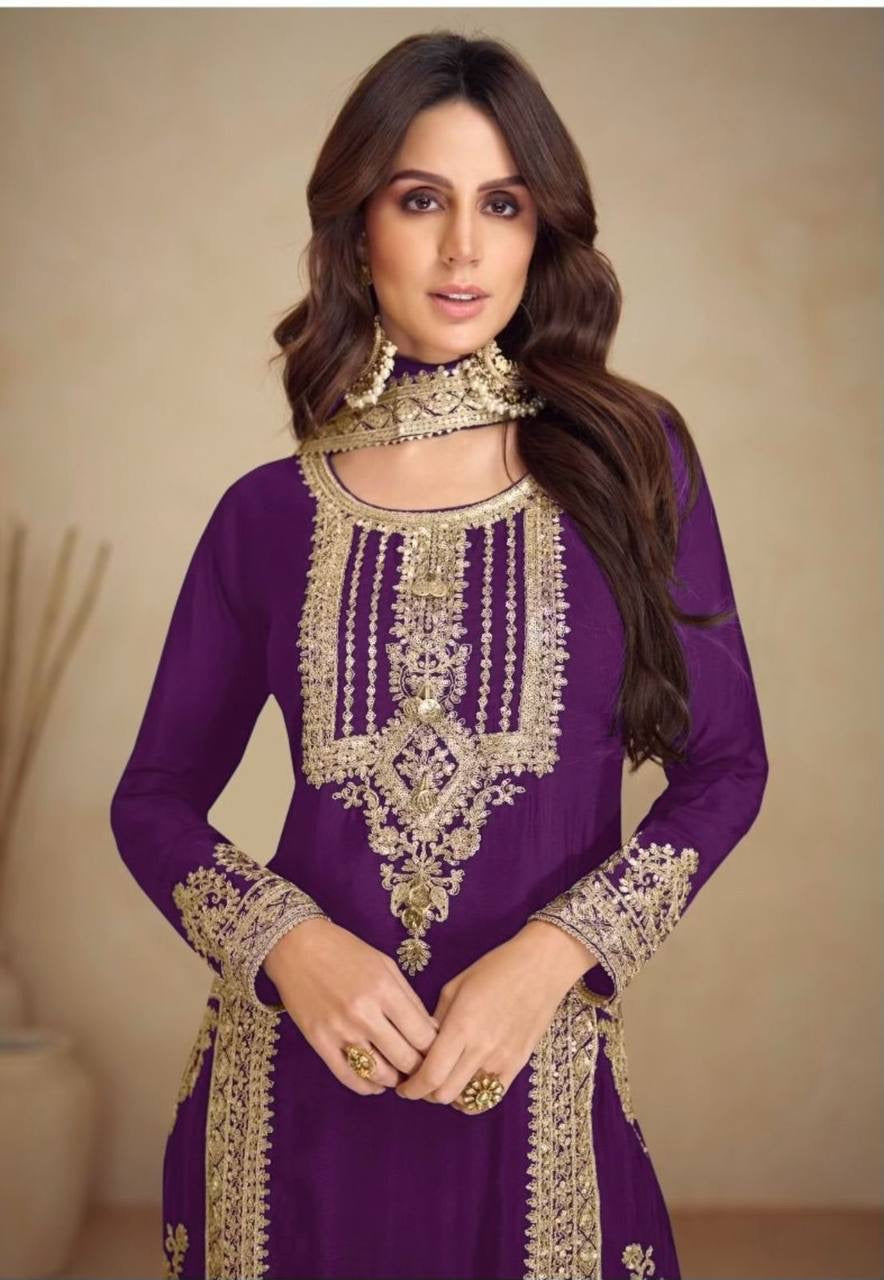 Violet Purple  Chinon Embroidered Kurti Set with Dupatta