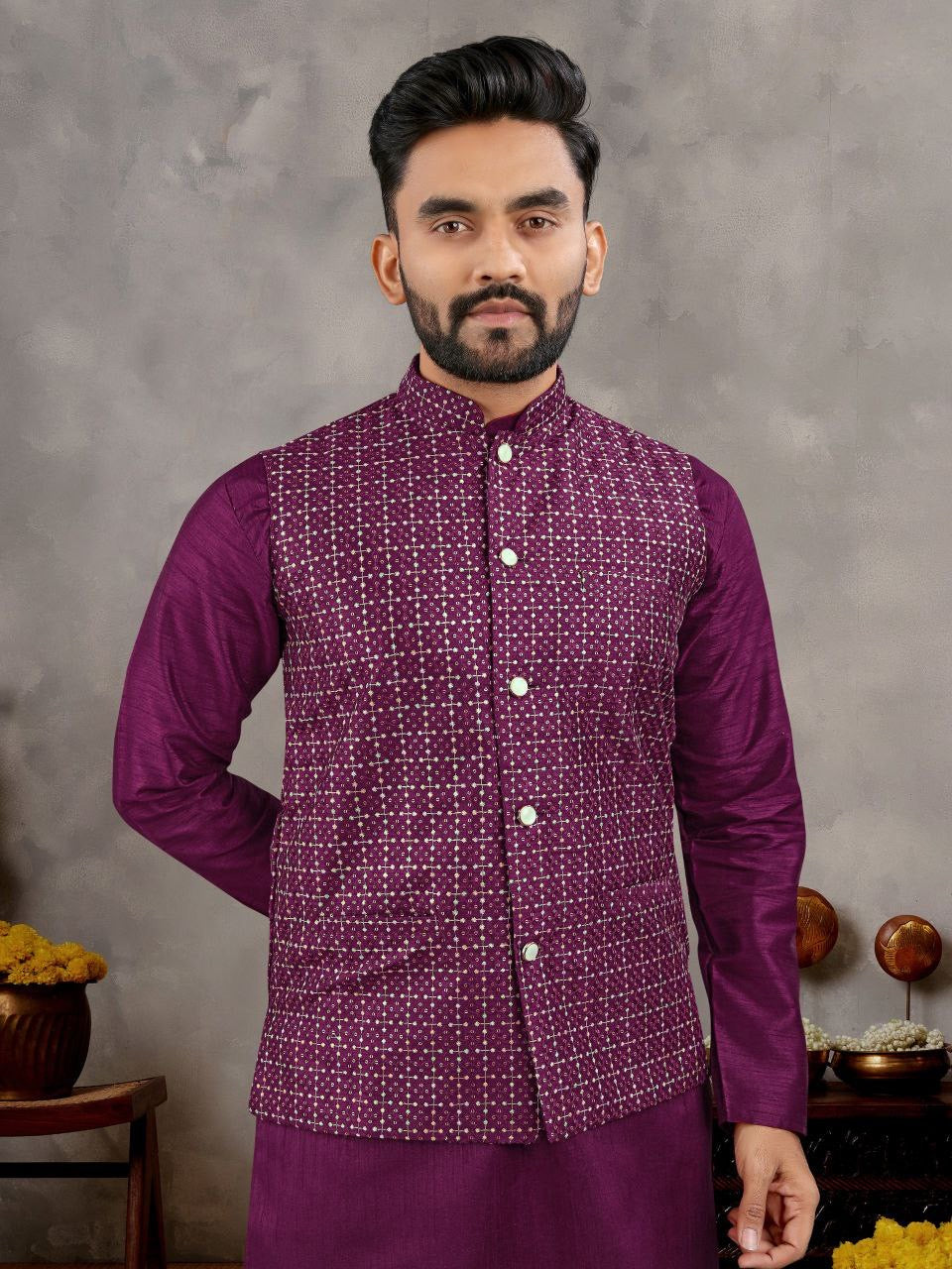 Purple Nehru Jacket Kurta with Pants for Wedding Season