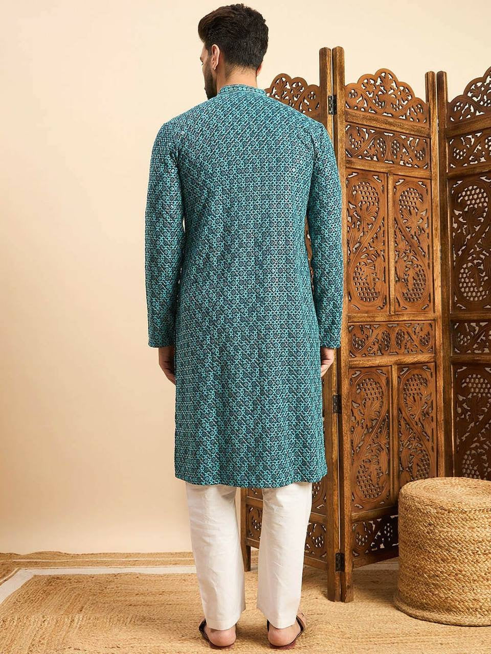 Teal Blue Chikankari Straight Kurta