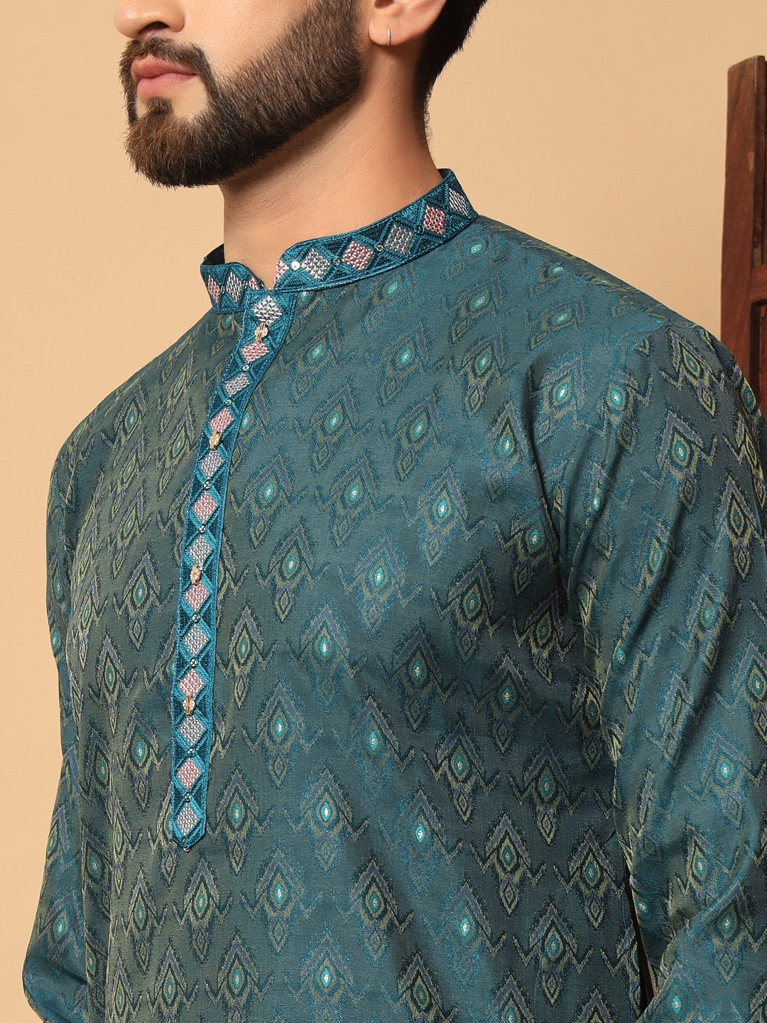 Rama Blue Jacquard Designer Kurta with Pants