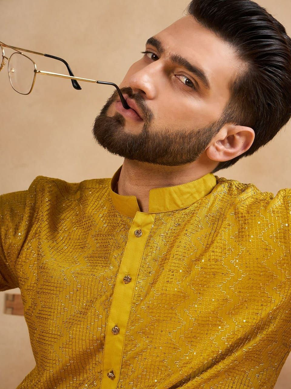 Embroidered Men Yellow Kurta Set