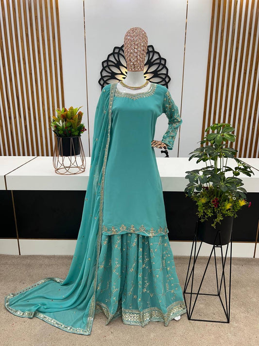 Sequin Embroidered Georgette Ensemble with Palazzo Pants and Lace Dupatta