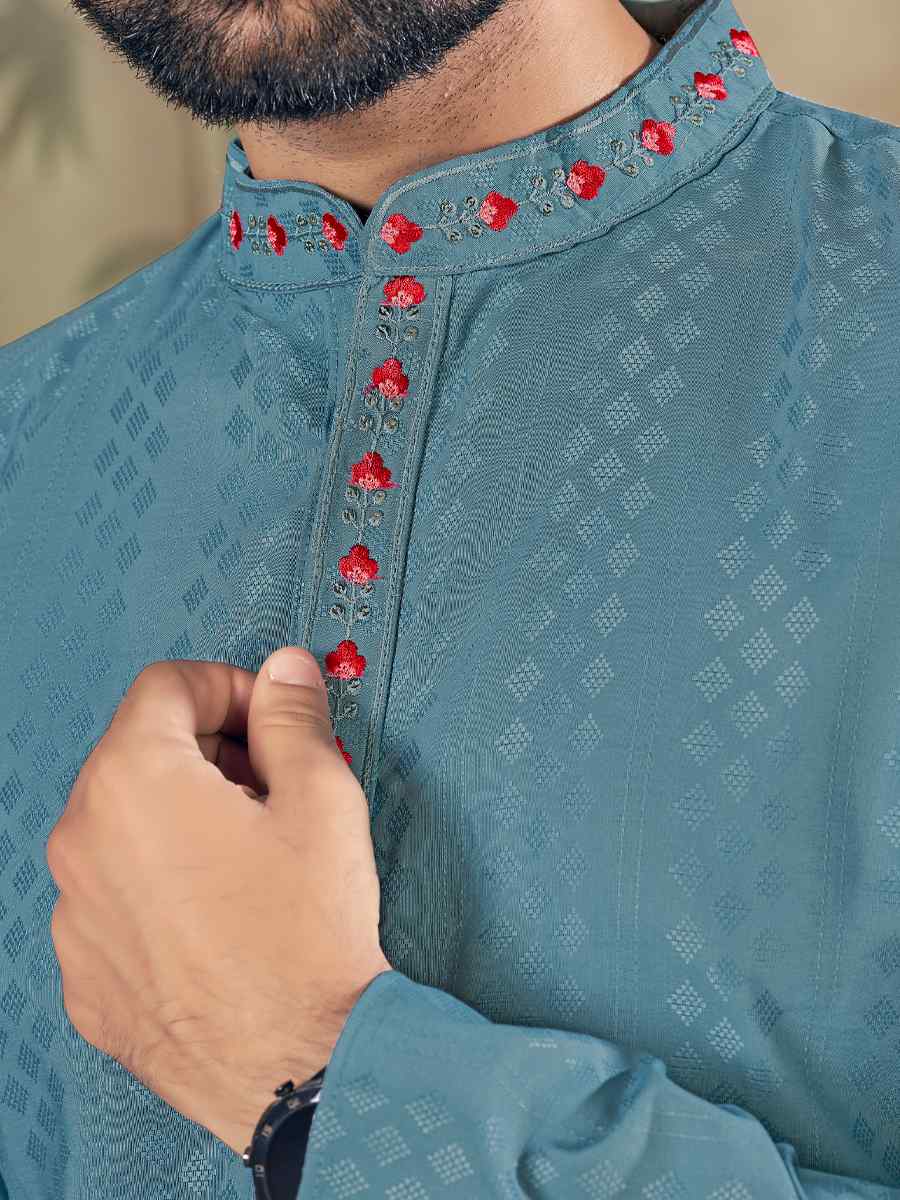 Anantam Greyish Blue Pure Viscose Embroidered Kurta Set