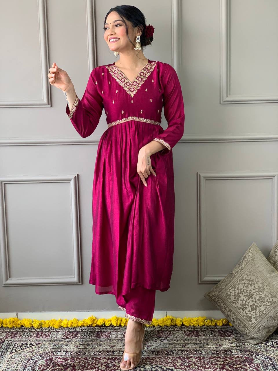 Wine Color Kurti Pant Set