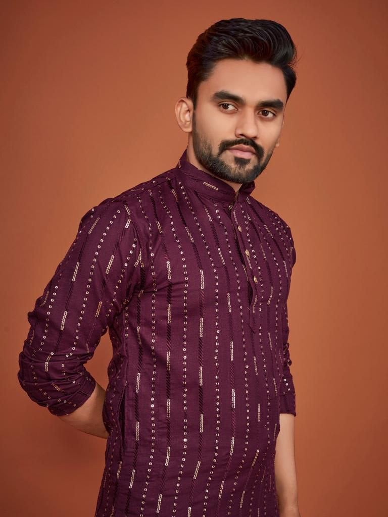 Cotton Embroidered Kurta with Pyjamas - Purple