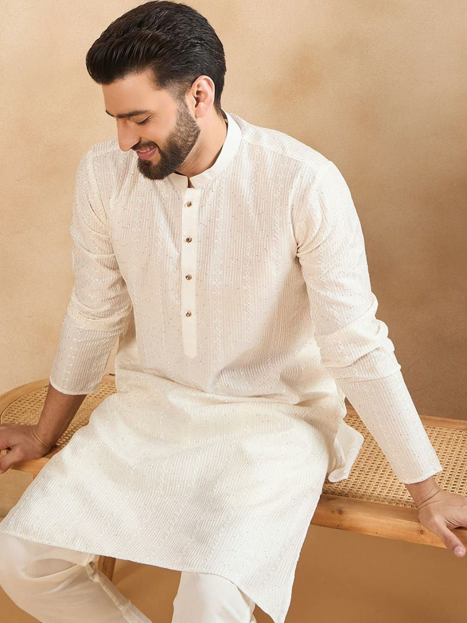 Off White Embroidered Men Kurta Set