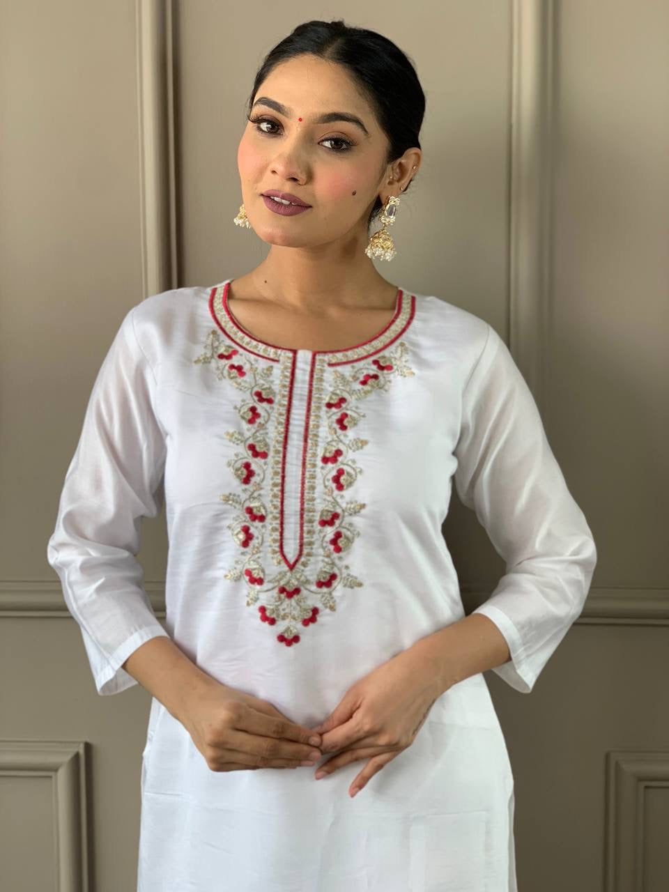 White Kurti with Red Dupatta Set