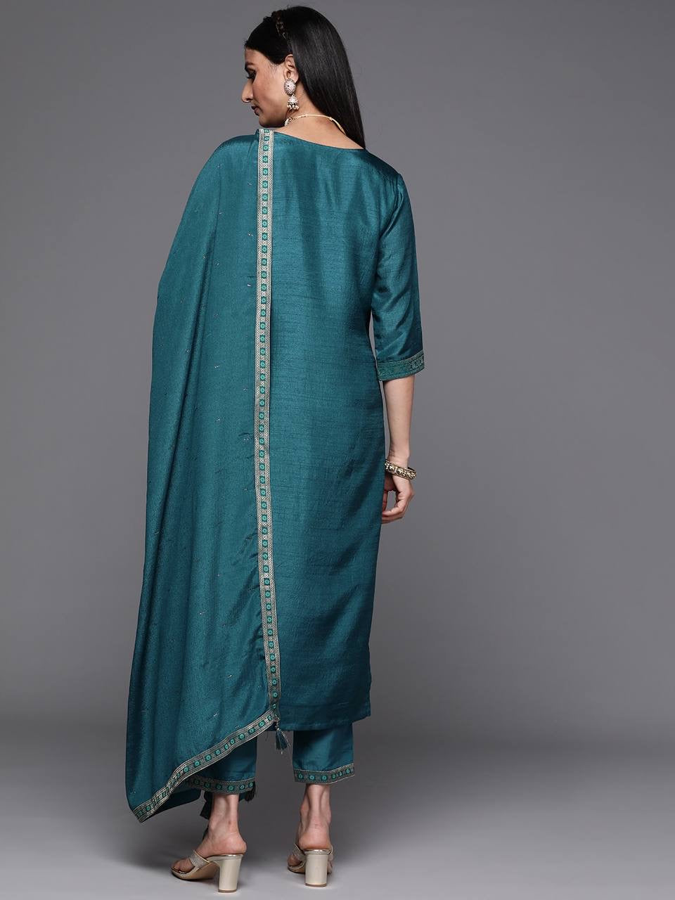 Teal Women Kurti & Pants with Dupatta Set