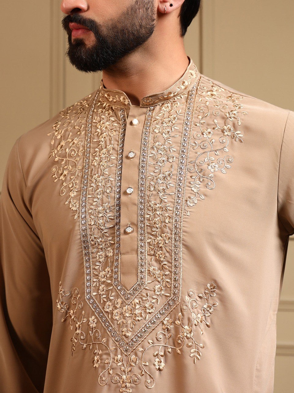 Men's sequins embroidered kurta and pants set by HOUSE OF KURTAS, featuring intricate sequin embroidery on traditional attire.