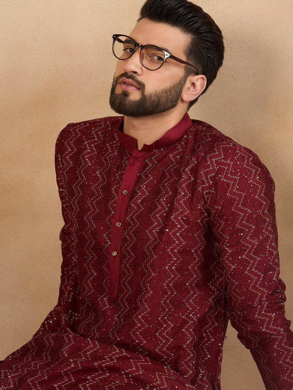 Maroon Designer Embroidered Men Kurta Set