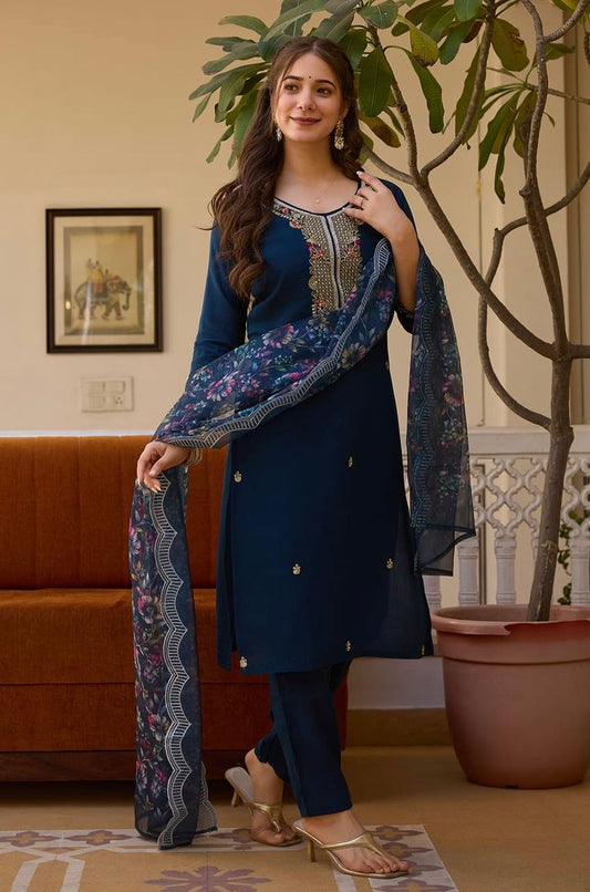 Blue Viscose Chanderi Kurti Set