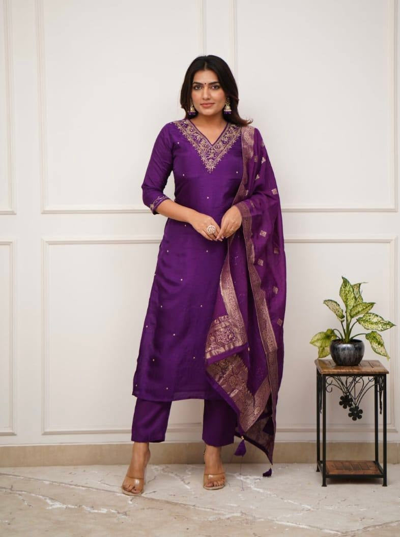 Purple Viscose Chanderi Kurti Set