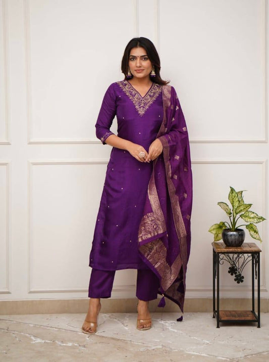 Purple Viscose Chanderi Kurti Set