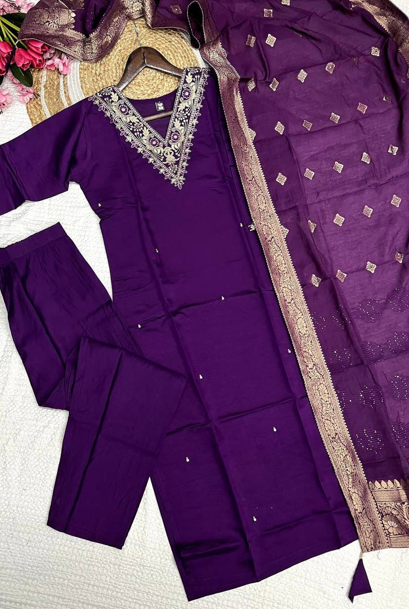 Purple Viscose Chanderi Kurti Set
