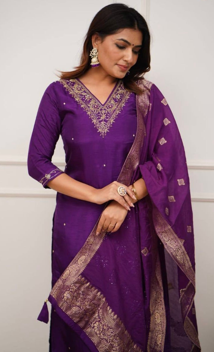 Purple Viscose Chanderi Kurti Set