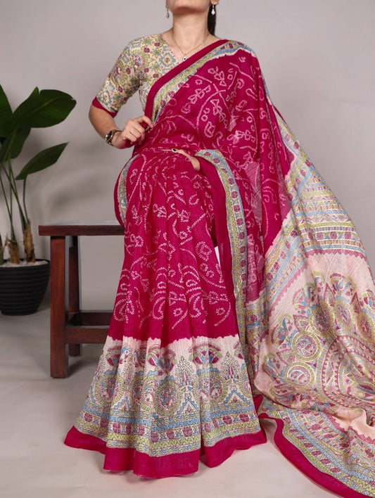 Deep Pink Bandhani work Saree