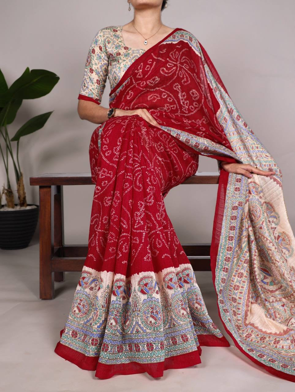 Red Bandhani work Saree