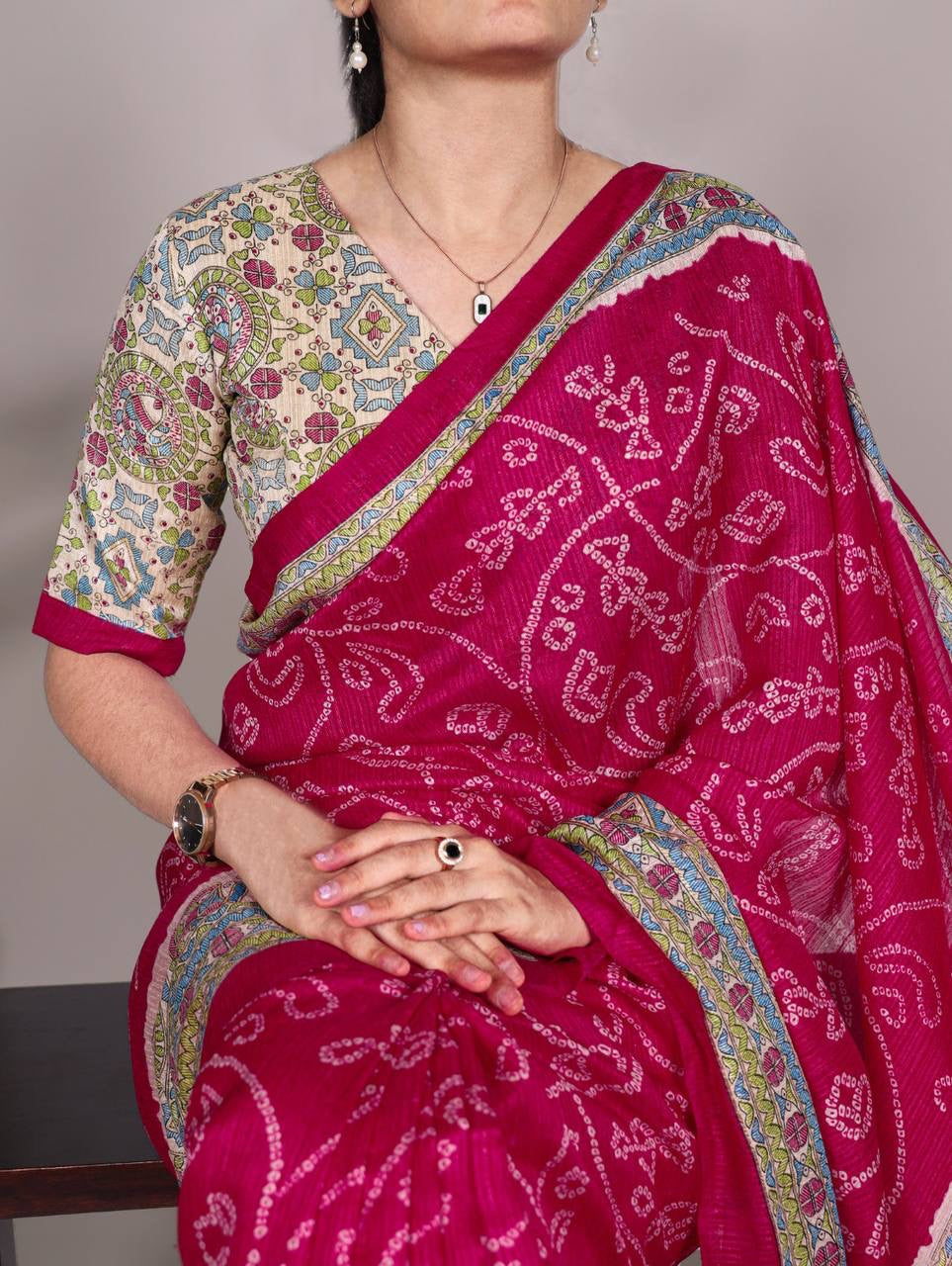 Deep Pink Bandhani work Saree