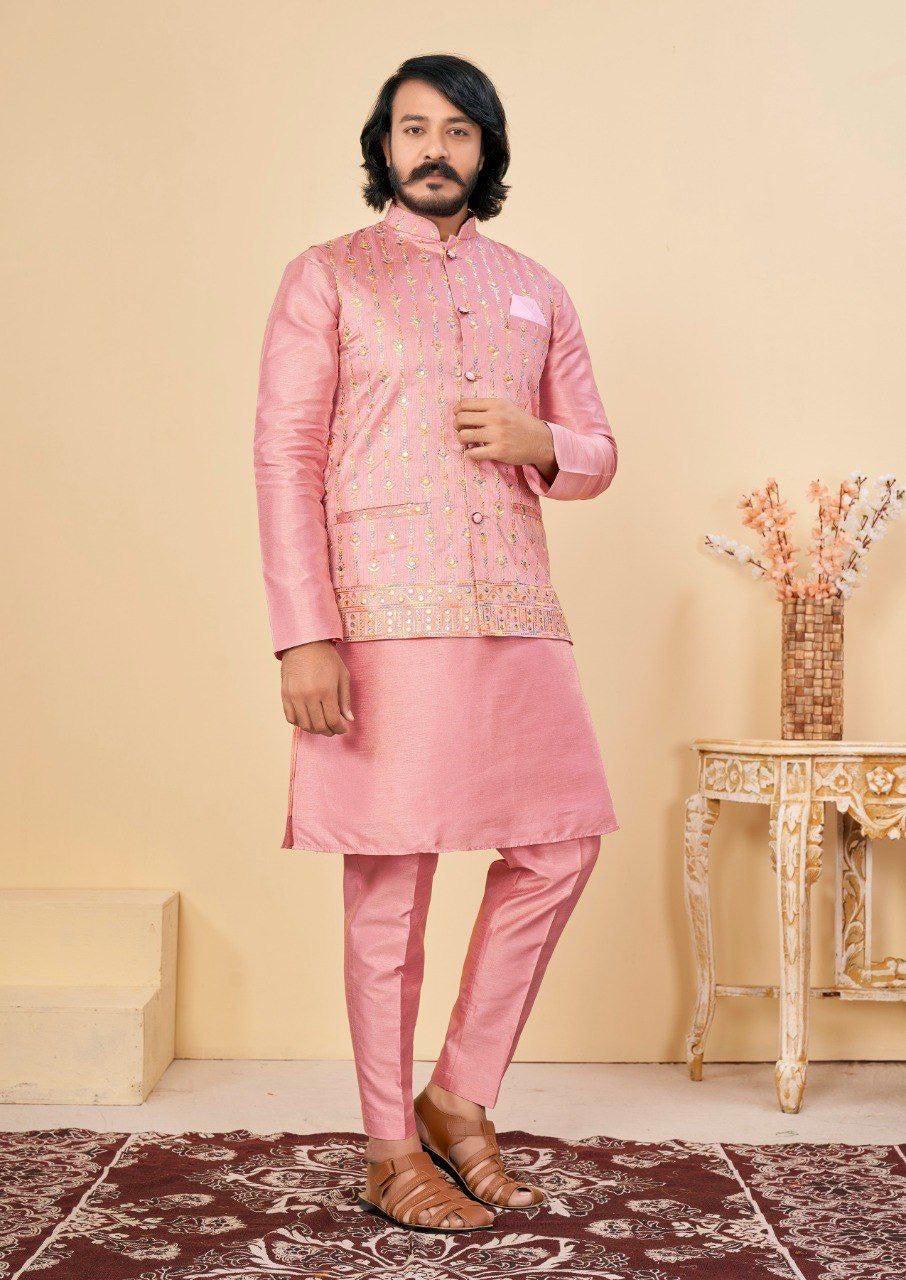 Cotton Silk Kurta & Pants with Embroidered Jacket