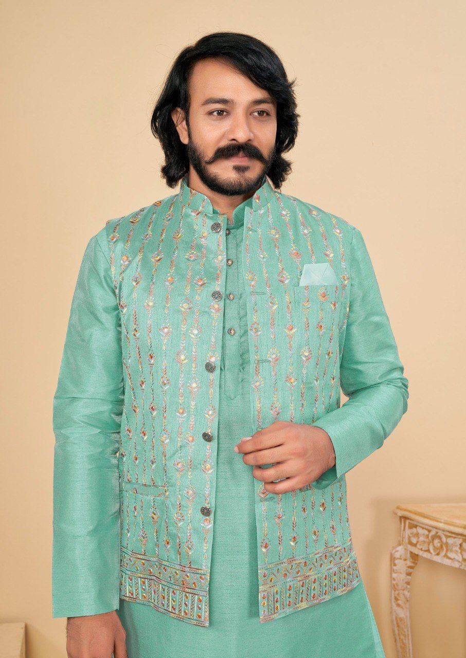 Cotton Silk Kurta & Pants with Embroidered Jacket