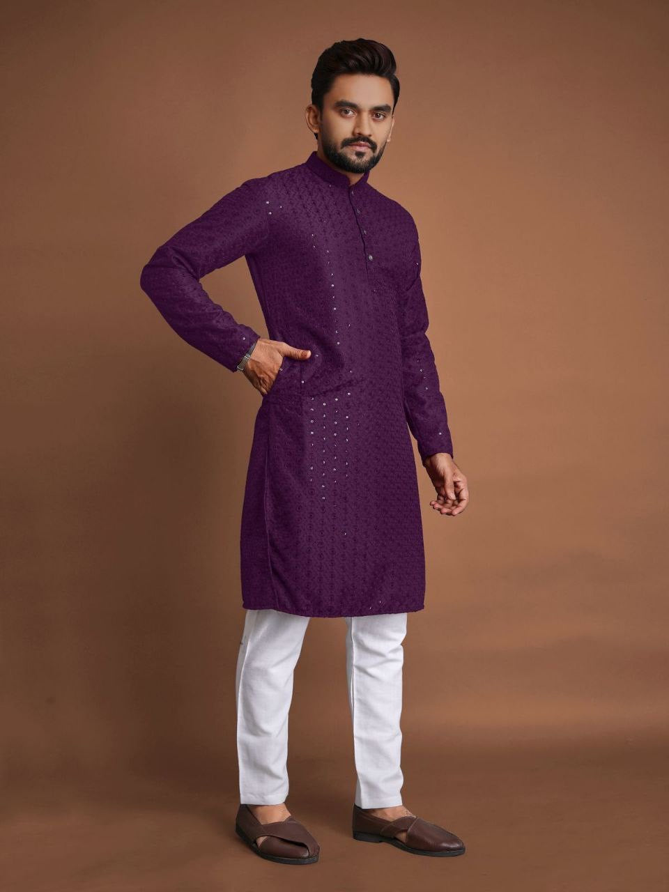 Cotton Kurta Set with Sequins Embroidery