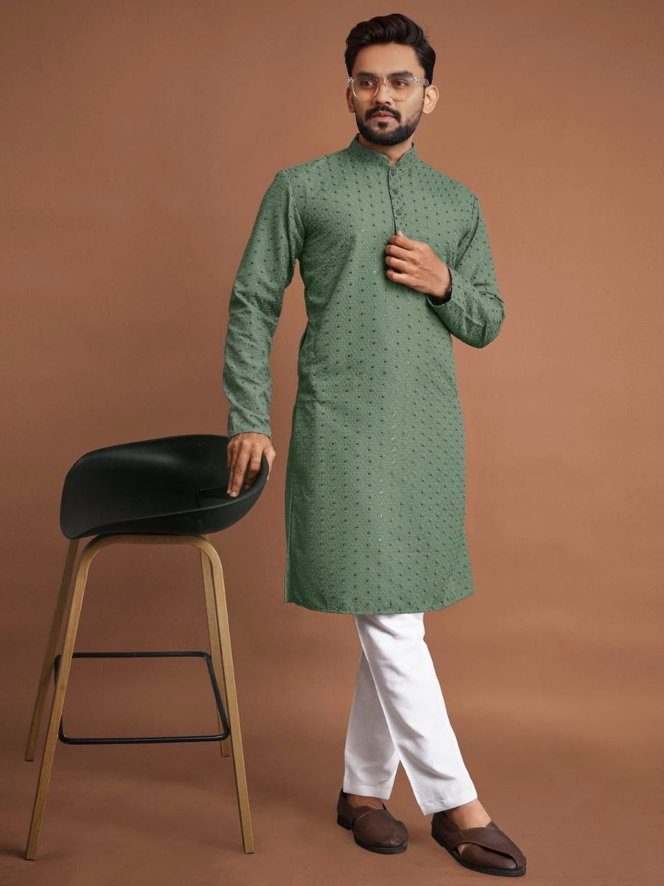 Cotton Kurta Set with Sequins Embroidery