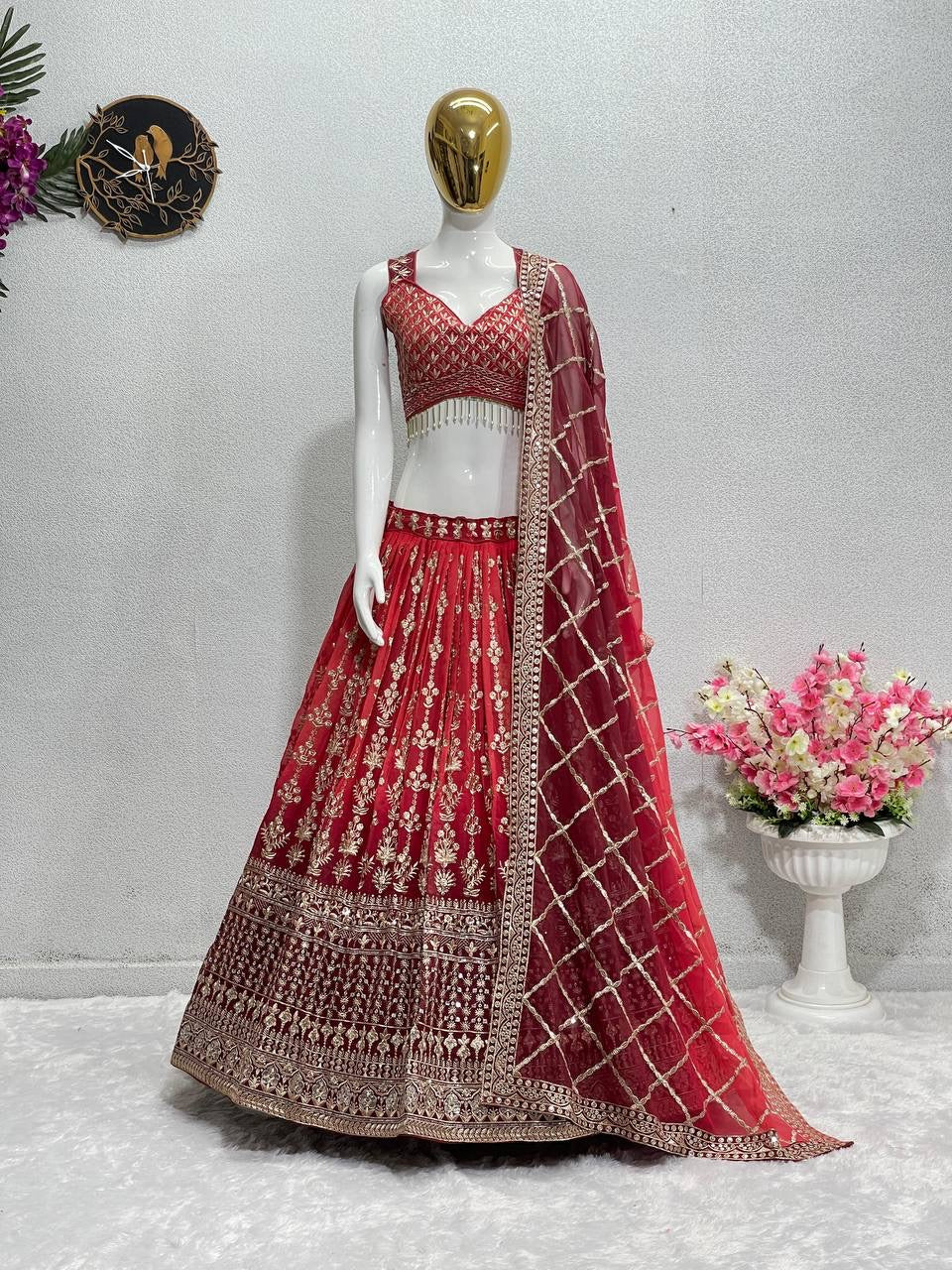 Red Faux Georgette Lehenga set