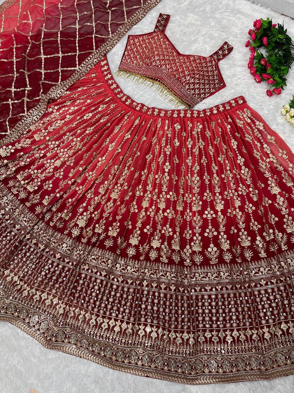 Red Faux Georgette Lehenga set