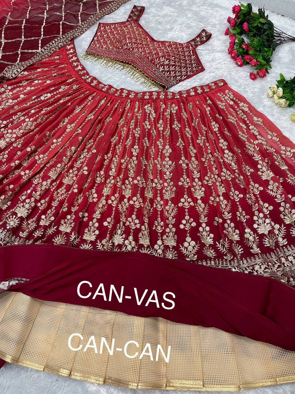 Red Faux Georgette Lehenga set