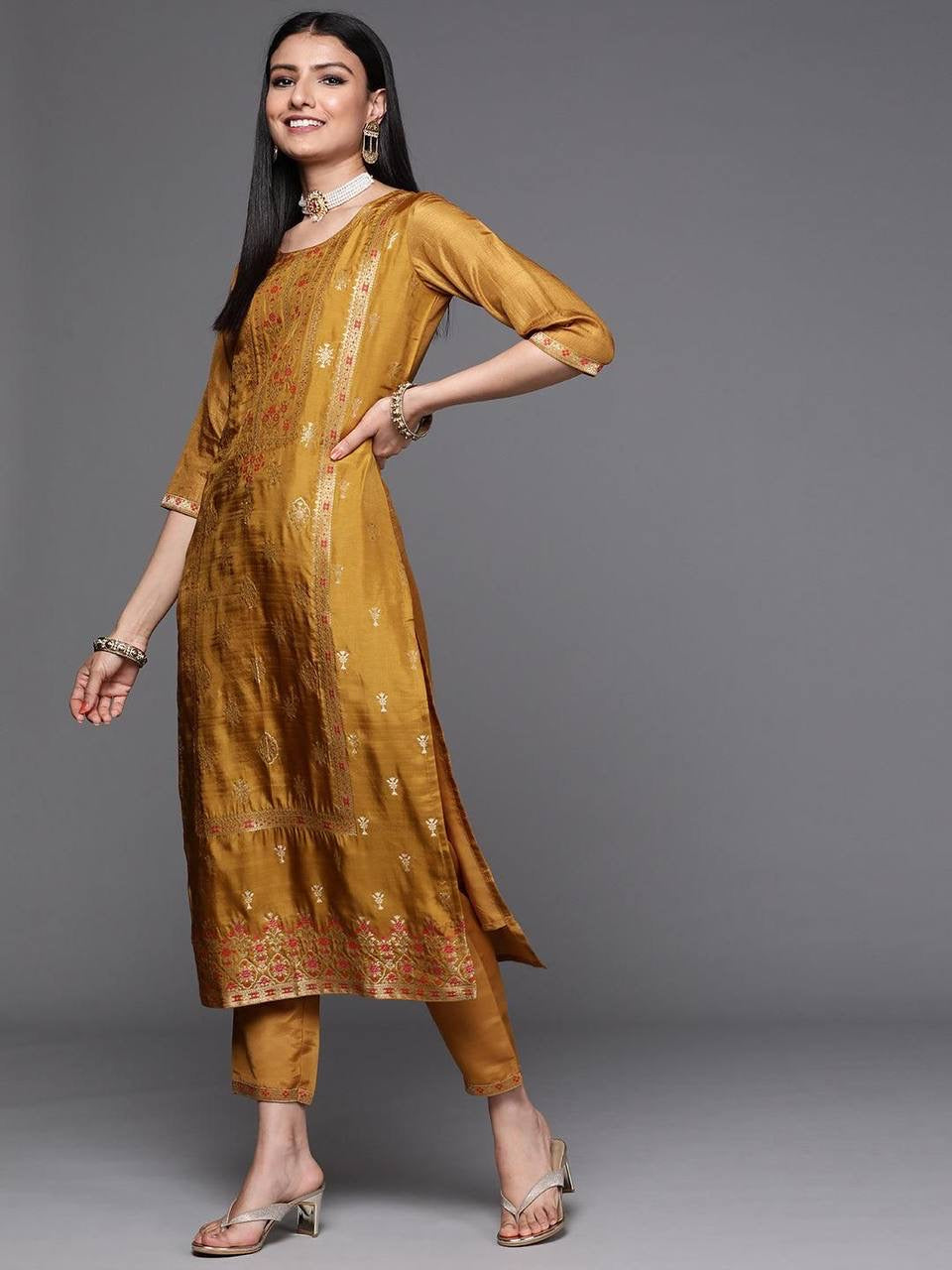 Mustard Yellow Floral Embroidered Kurti & Pants with Duppata set