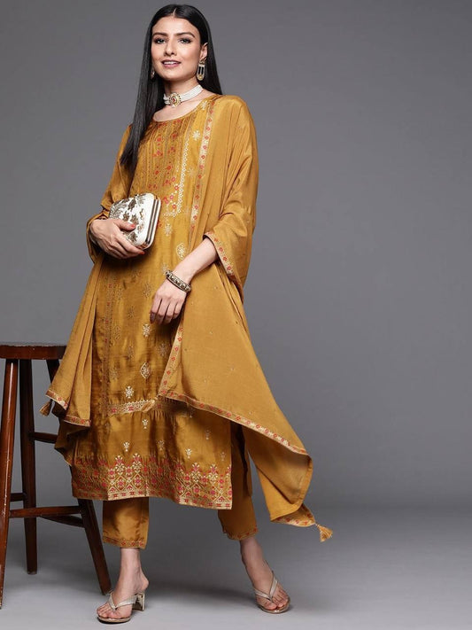 Mustard Yellow Floral Embroidered Kurti & Pants with Duppata set