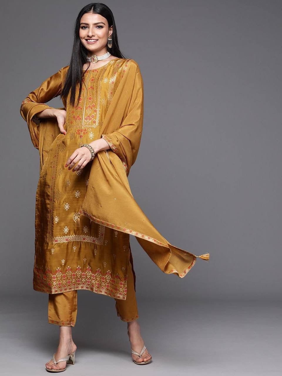 Mustard Yellow Floral Embroidered Kurti & Pants with Duppata set