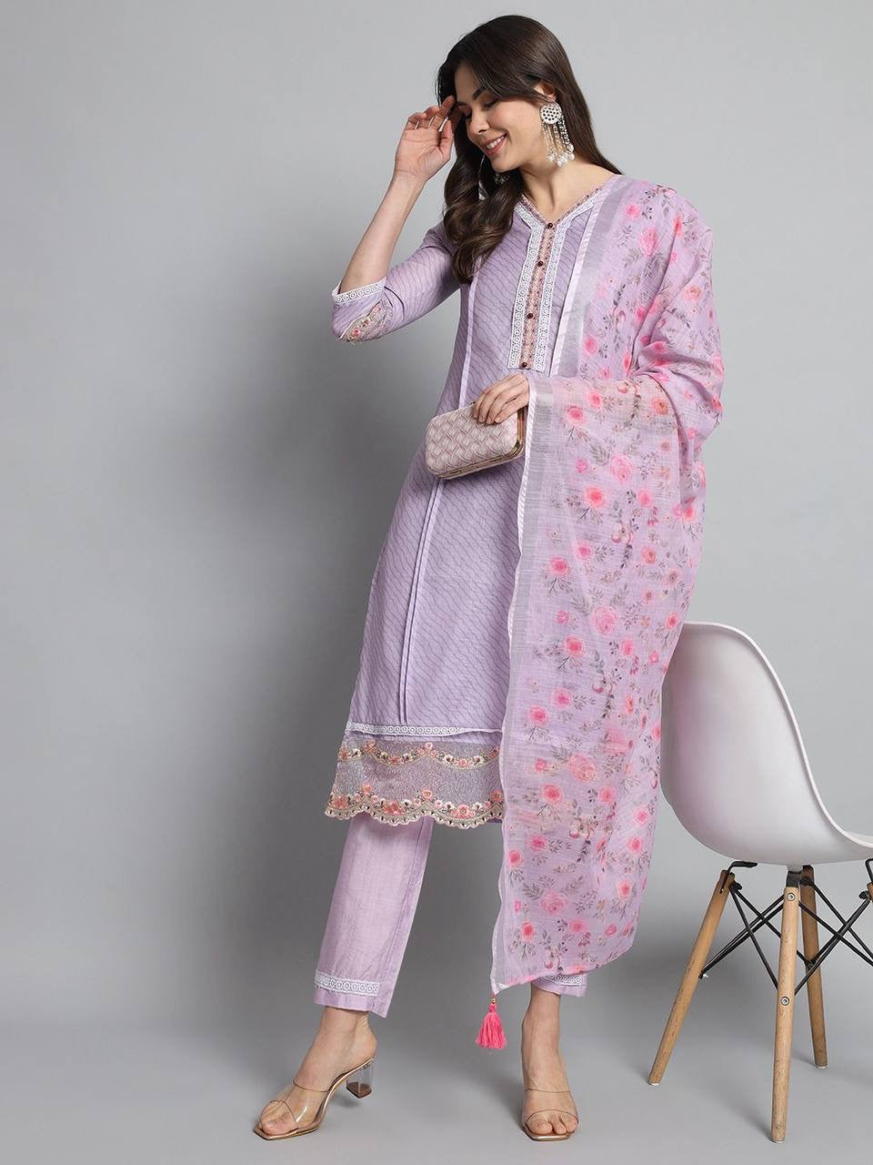 Lavender Embroidered Kurti Set