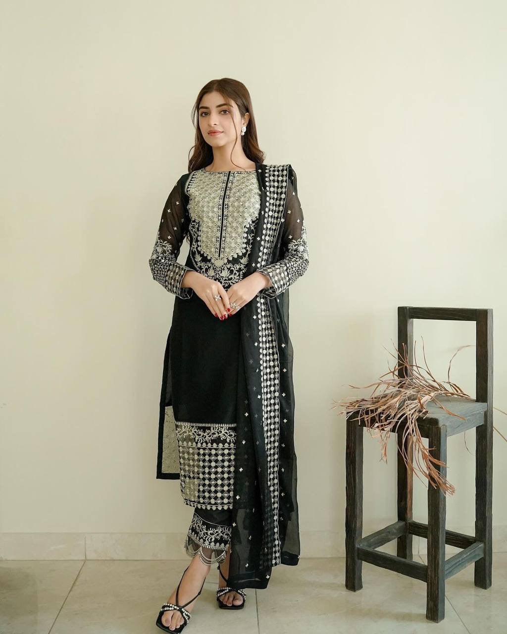 Black Georgette Sharara with Palazzo set