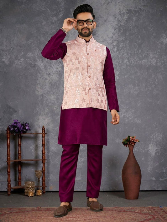 Men’s Purple Kurta Set with Peach Embroidered Jacket