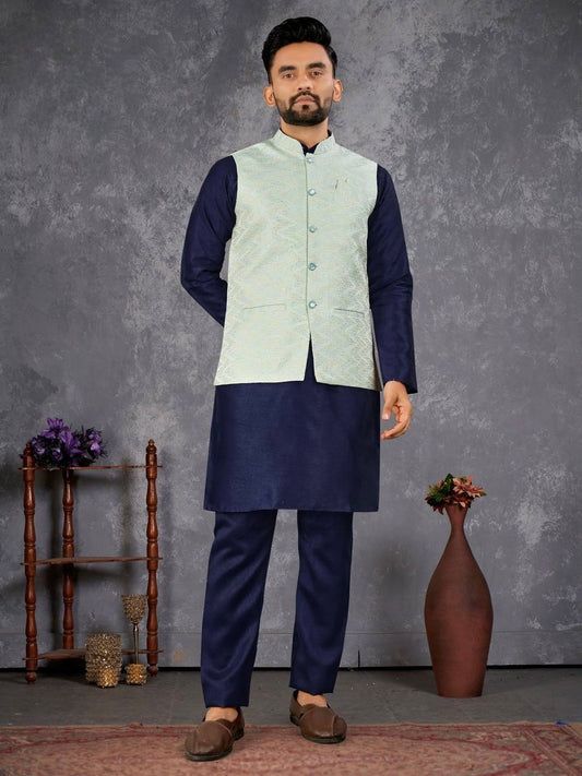Men’s Blue Kurta Set with Embroidered Jacket