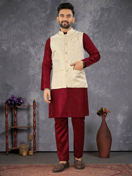 Men’s Maroon Kurta Set with Ivory Textured Nehru Jacket