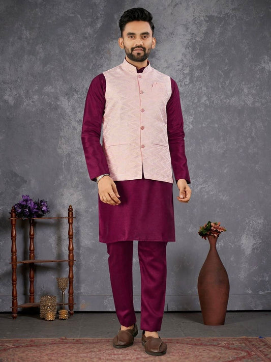 Men’s Purple Kurta Set with Pink Nehru Jacket