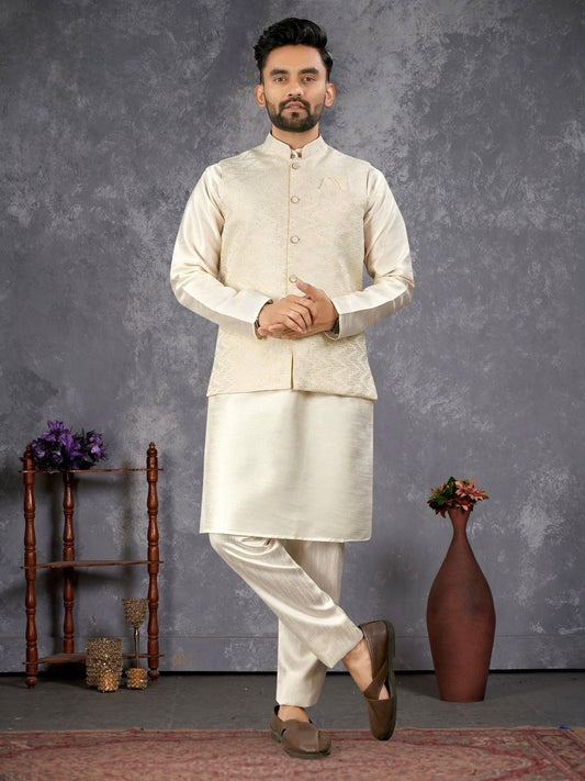 Men’s Cream Kurta Set with Subtle Jacquard Nehru Jacket