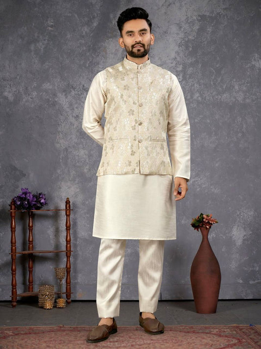 Men’s Cream Kurta Set with Floral Nehru Jacket