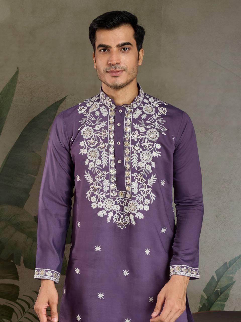 Pastel Purple Viscose Silk Embroidered Kurta for Men