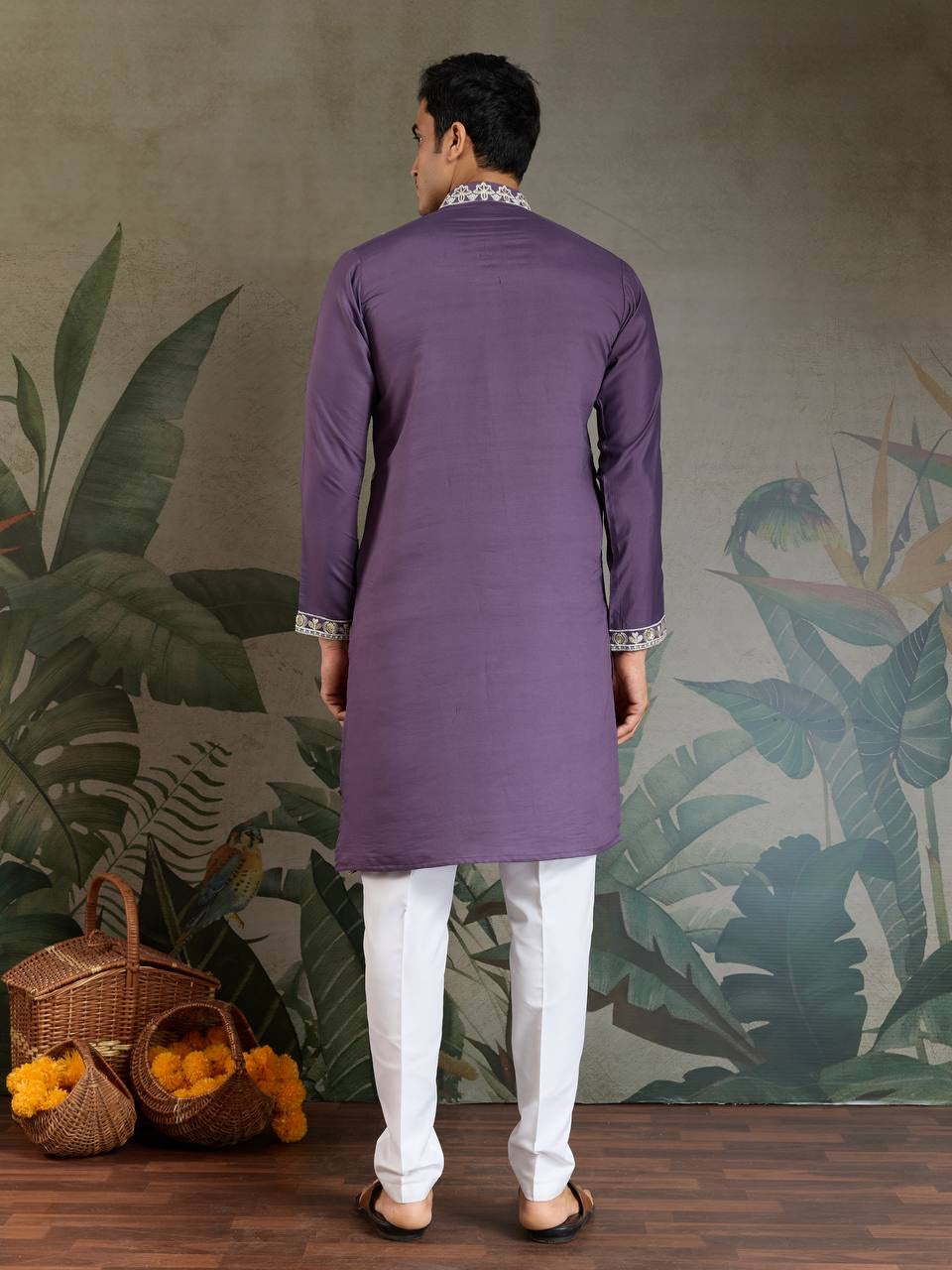 Pastel Purple Viscose Silk Embroidered Kurta for Men