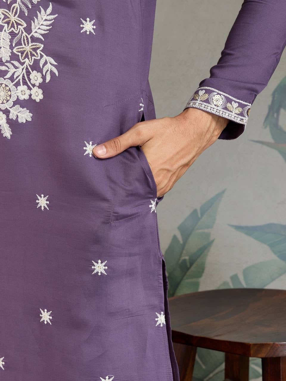 Pastel Purple Viscose Silk Embroidered Kurta for Men