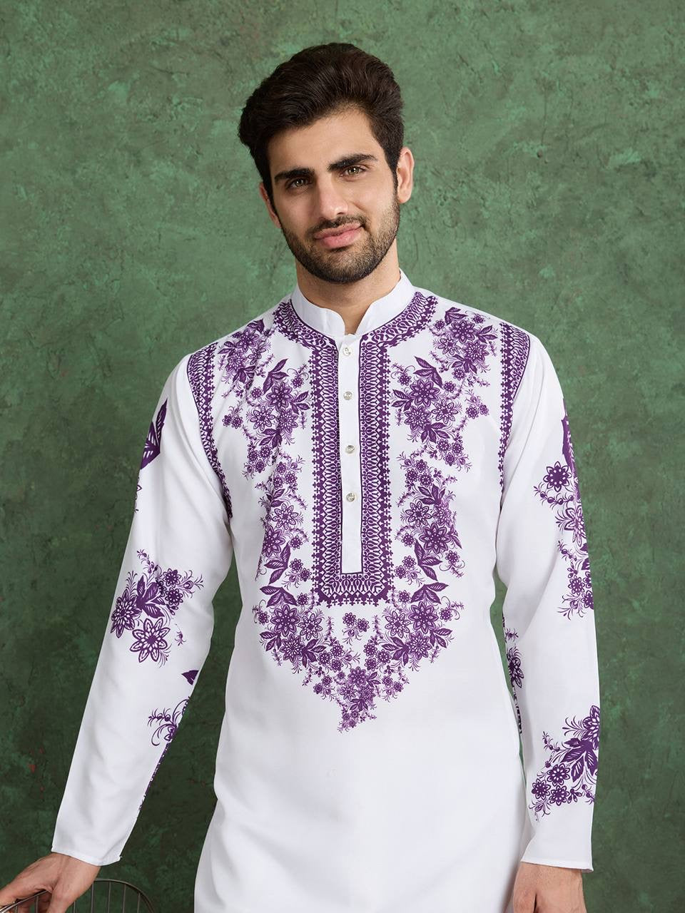 Elegant White & Purple Embroidered Kurta for Men