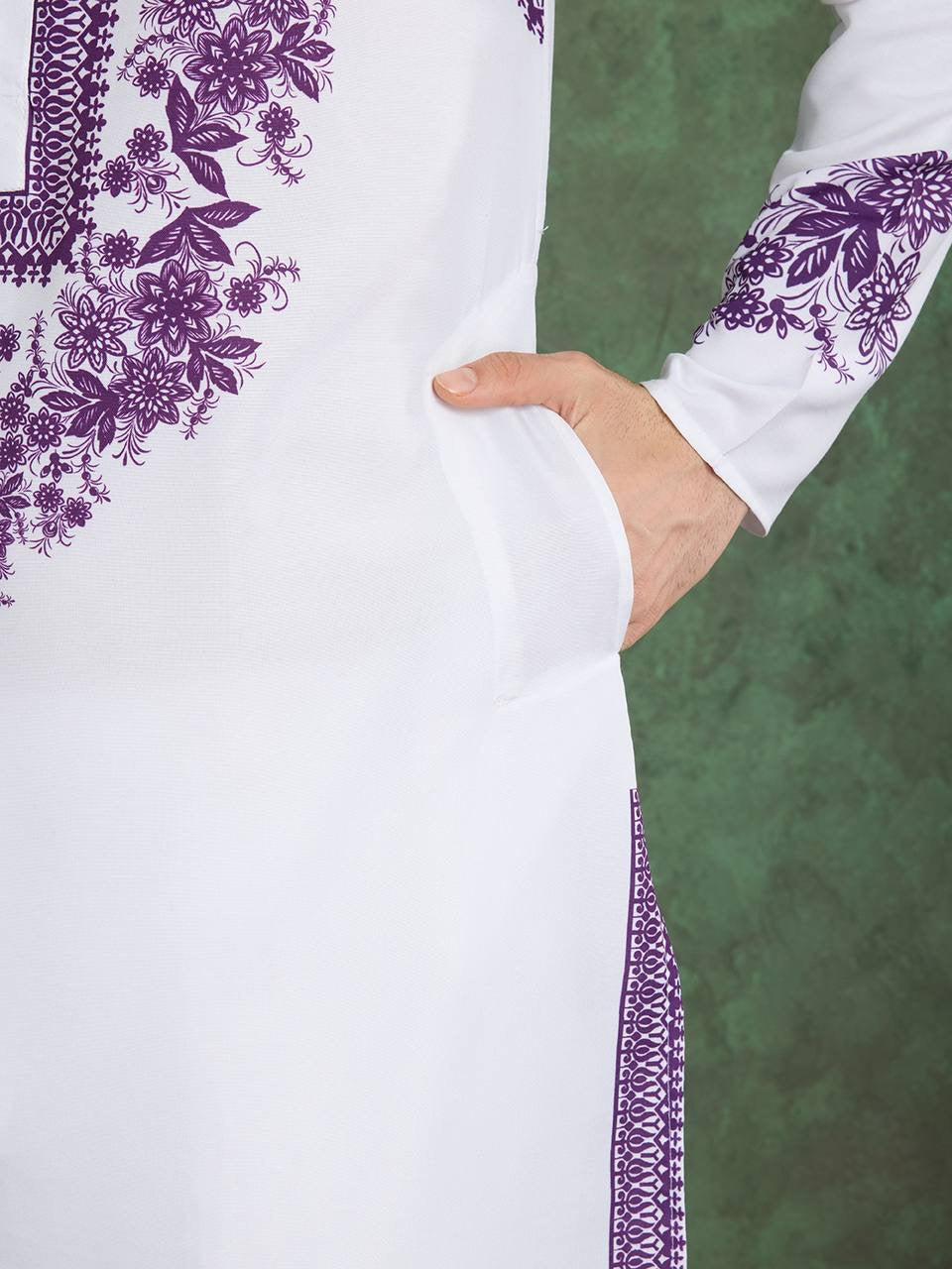 Elegant White & Purple Embroidered Kurta for Men