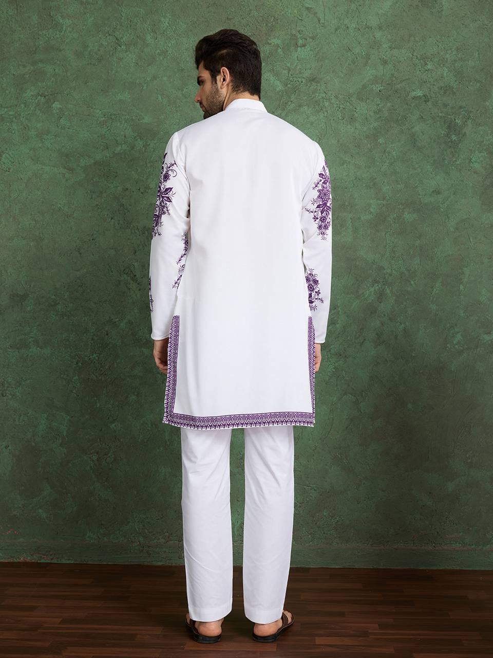 Elegant White & Purple Embroidered Kurta for Men
