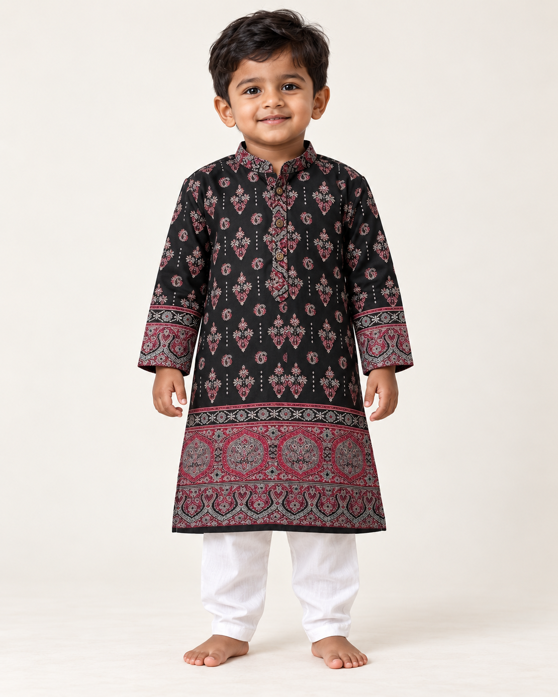 Boys’ black with burgundy paisley border printed kurta and white pants set – model front view