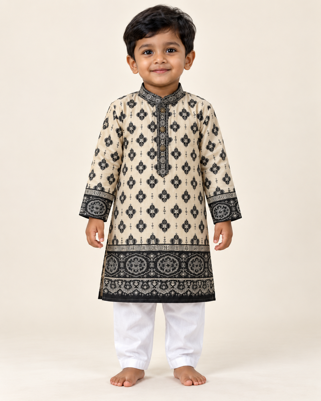 Boys’ ivory with black paisley border printed kurta and white pants set – model front view